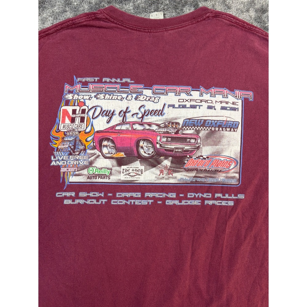 Gildan T-Shirt Mens L Maroon Muscle Car Mania Day of Speed Graphic Maine Racing - Picture 6 of 6